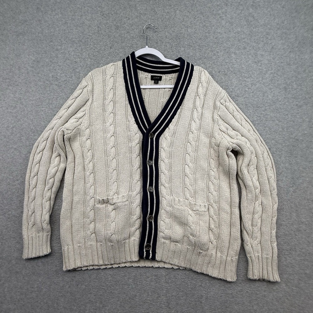 J Crew Womens Cricket Cable Knit Boyfriend Cardigan Sweater XL Cream Navy Tennis